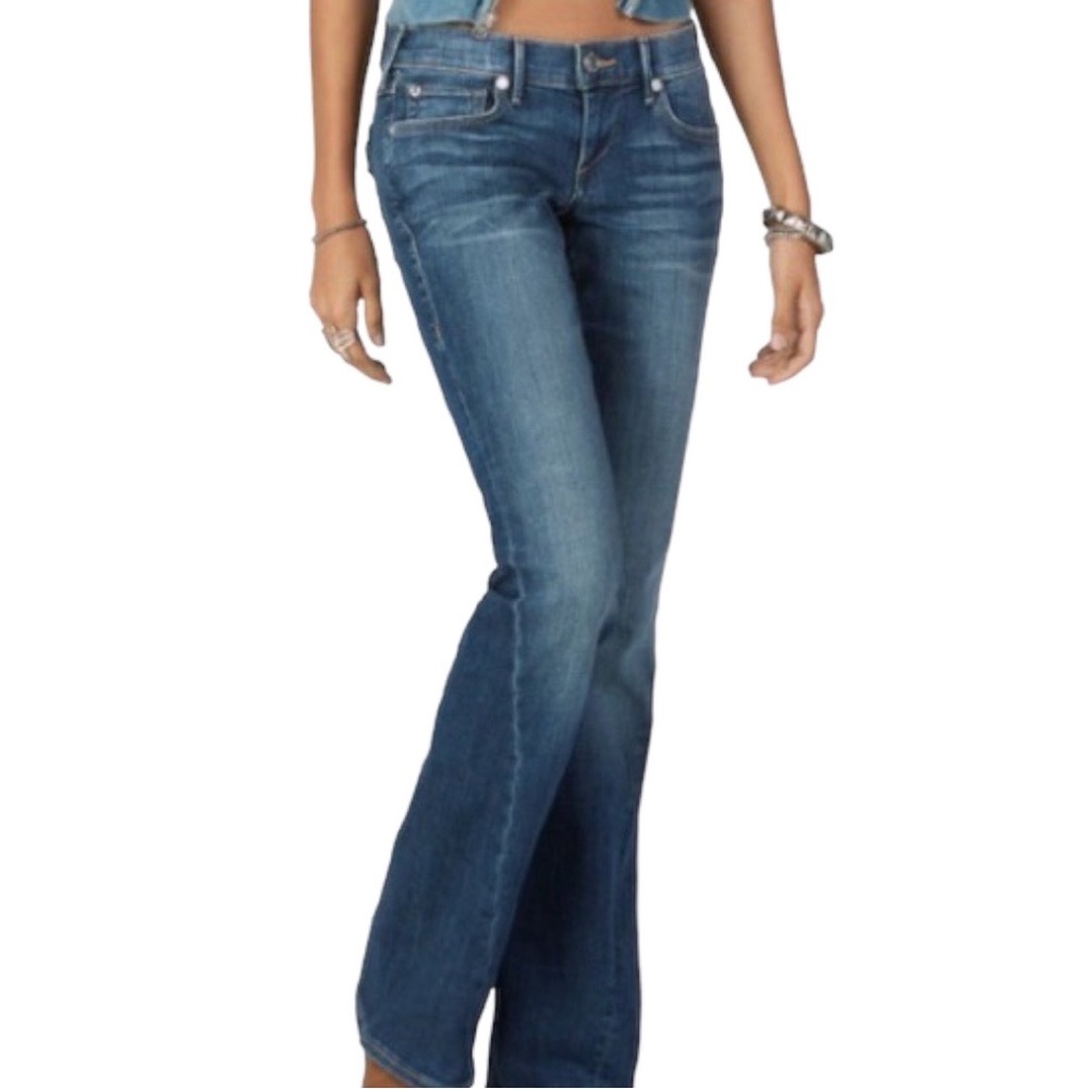 True Religion Mid Rise Y2K Joey Twisted Flare Leg Button Flap Pocket Denim Jeans